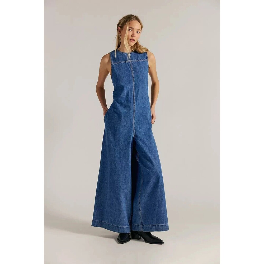 Free People We The Free Do No Wrong Jumpsuit Wide Leg Denim Cotton M 289099